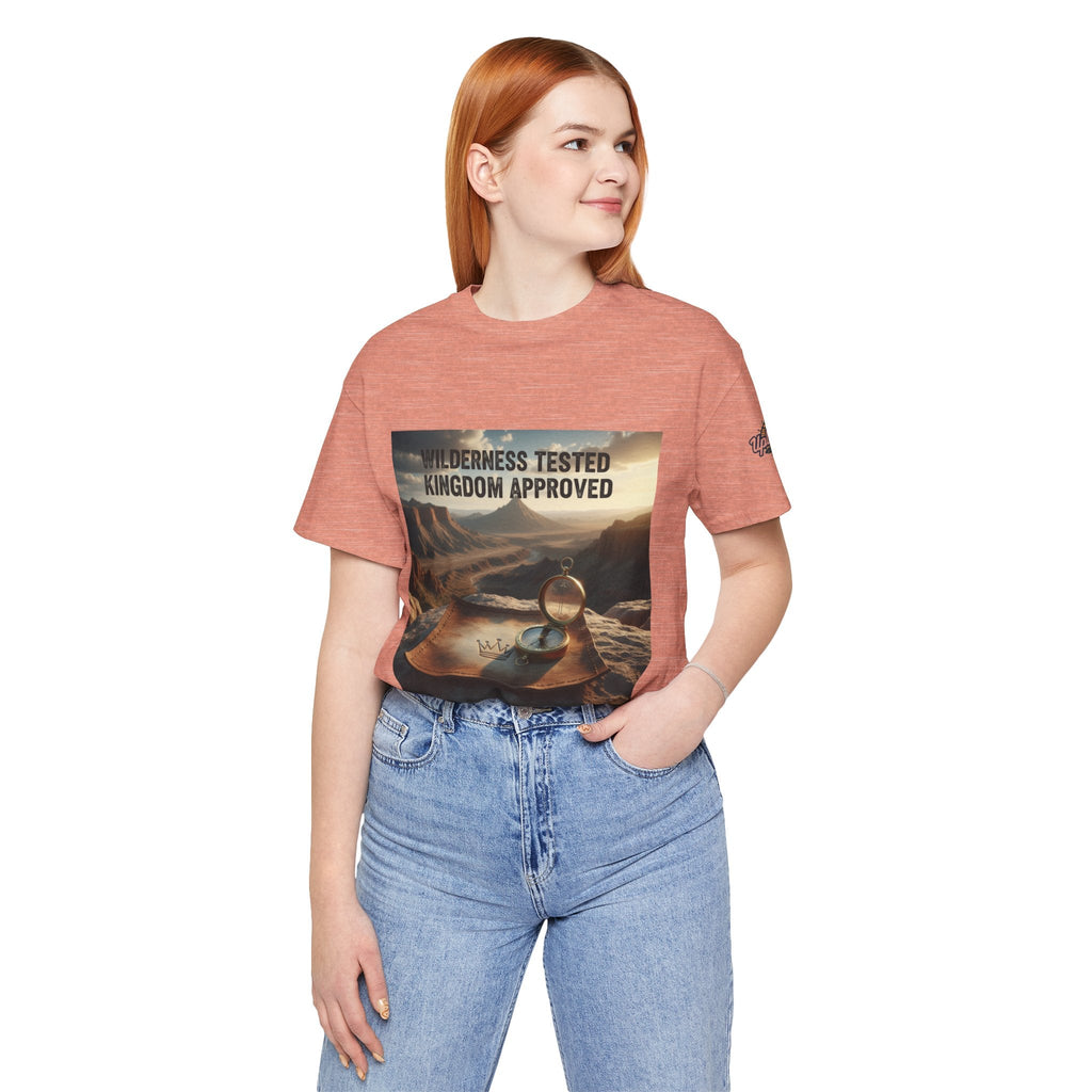 Wilderness Tested Kingdom Approved T-shirt – Mountain Desert Compass Crown Christian T-shirt for Biblical Adventure Faith Printify