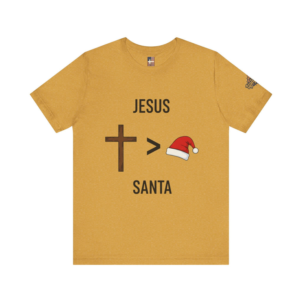 🎄 Jesus > Santa – Minimalist Christian Christmas T-Shirt | Bold Faith Over Holiday Tee | Cross vs Santa Hat Design | Uplifted Gear Printify