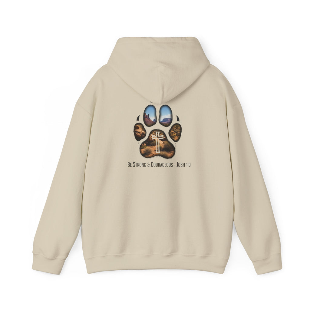 Strong and Courageous Hoodie – Joshua 1:9 Canine Pawprint Desert Christian Hoodie for Dog Lovers Printify