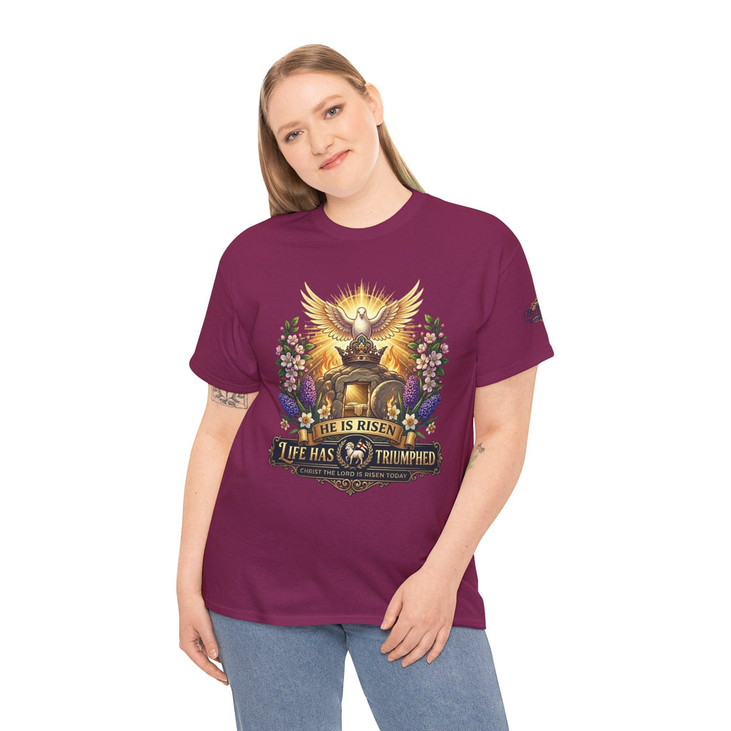 He Is Risen "Life Has Triumphed" T-Shirt — Easter Resurrection Christian Tee Printify