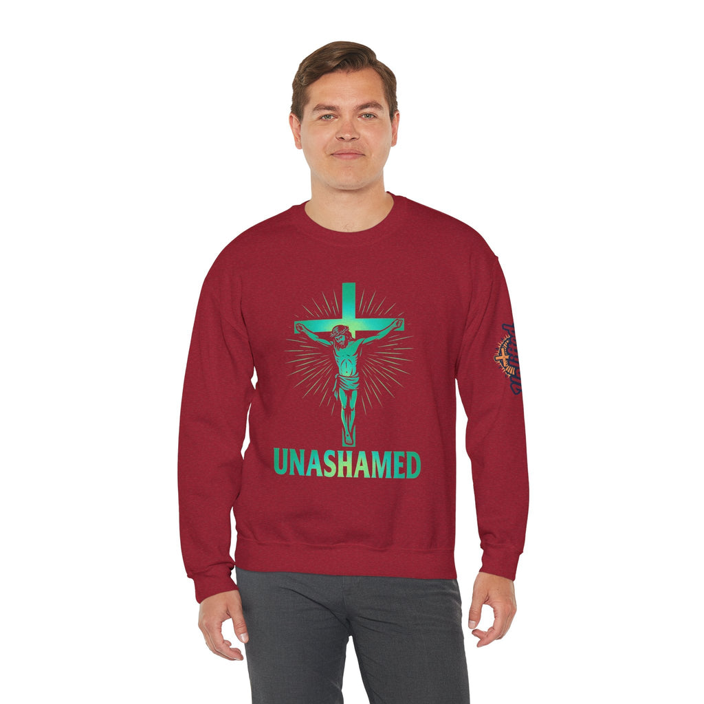 Unashamed Sweatshirt – Romans 1:16 Crucifixion Christian Sweatshirt for Bold Unwavering Faith Printify