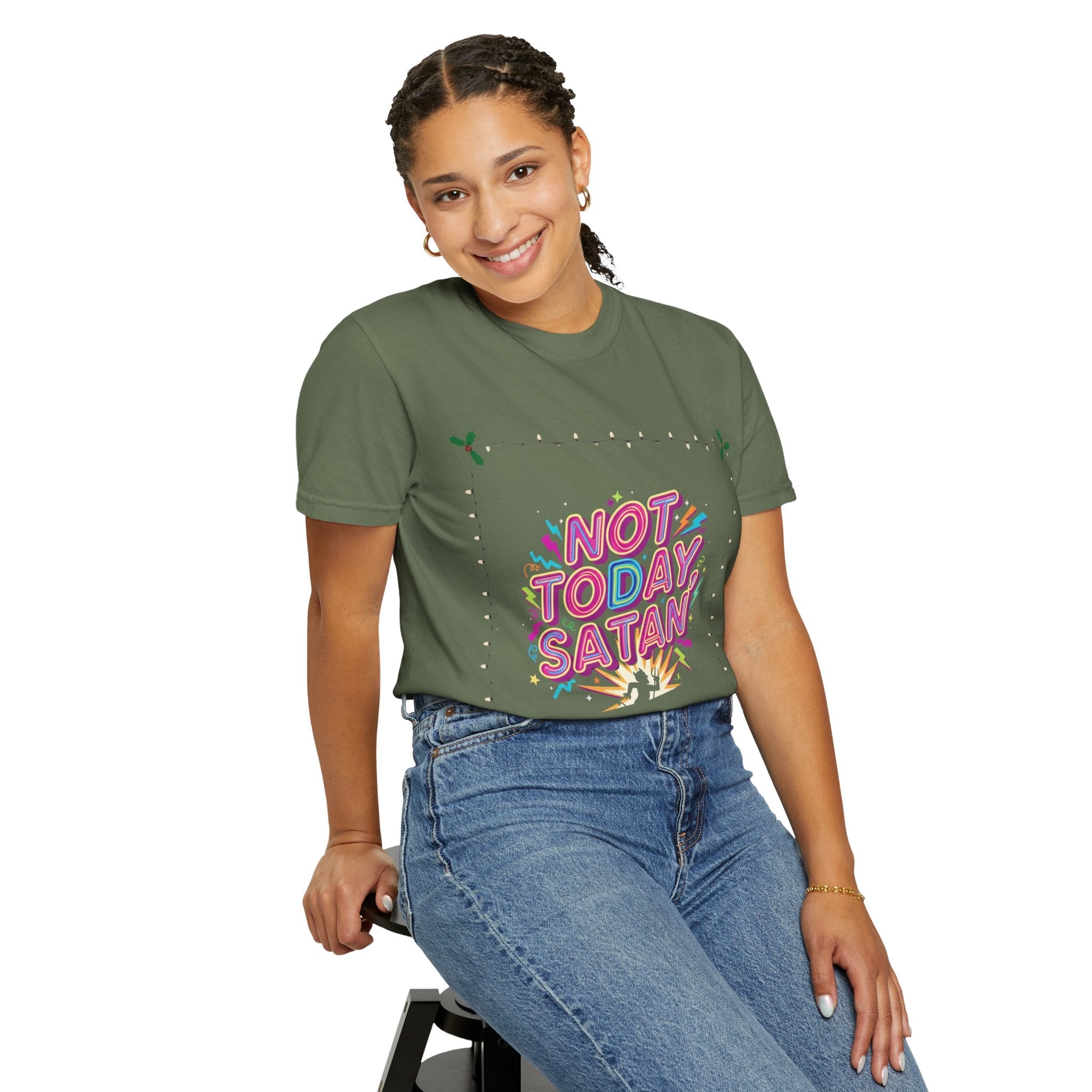 🔥 Not Today, Satan – Retro 90s Christian T-Shirt | Neon Faith Tee | Funky Cartoon Devil | Bold Bible Verse Shirt | Uplifted Gear Printify