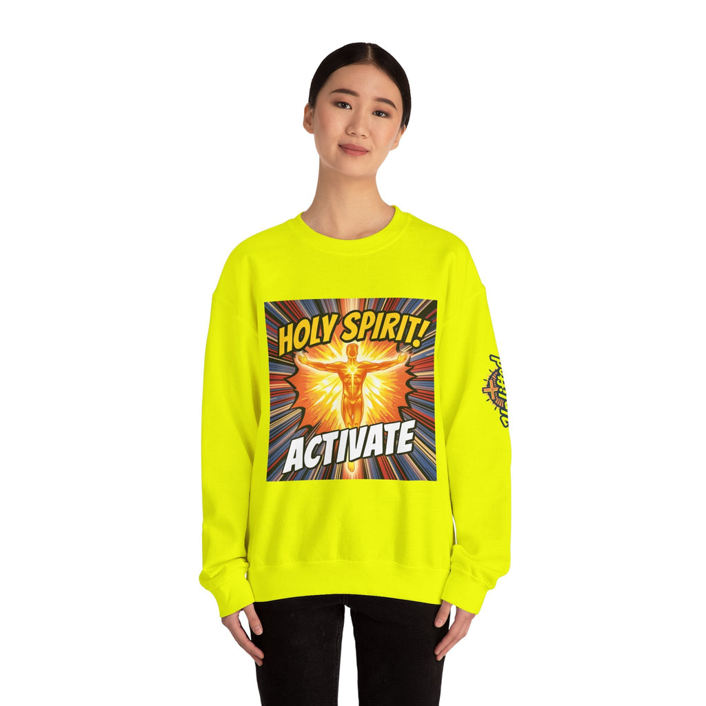 Holy Spirit Activate Sweatshirt – Superhero Christian Sweatshirt with Vibrant Power-Up Design for Faith-Fueled Boldness Printify