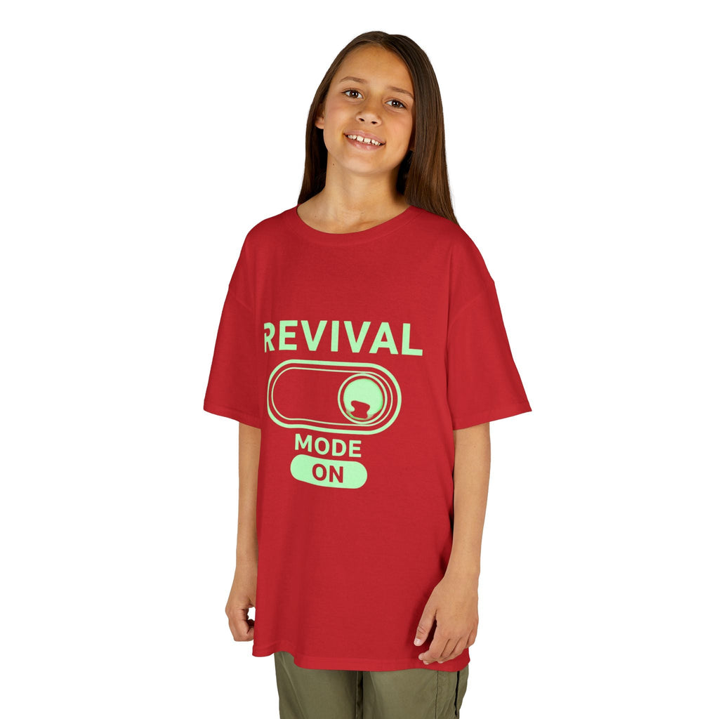🔥 Revival Mode: ON – Christian Techwear Kids T-Shirt | Glowing Green Faith Switch | Futuristic Jesus Shirt | Activate Your Spiritual Awakening | Uplifted Gear Printify