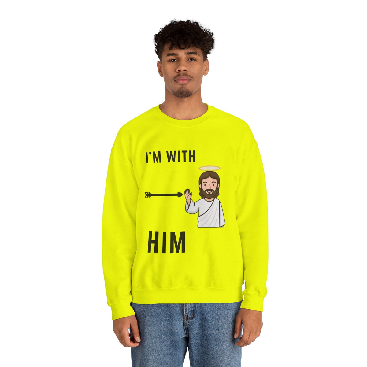 🔥 I’m With Him → Christian Sweatshirt | Arrow Pointing to Jesus | Minimalist Faith Tee | Subtle Cross Design | Bible-Inspired Apparel by Uplifted Gear Printify