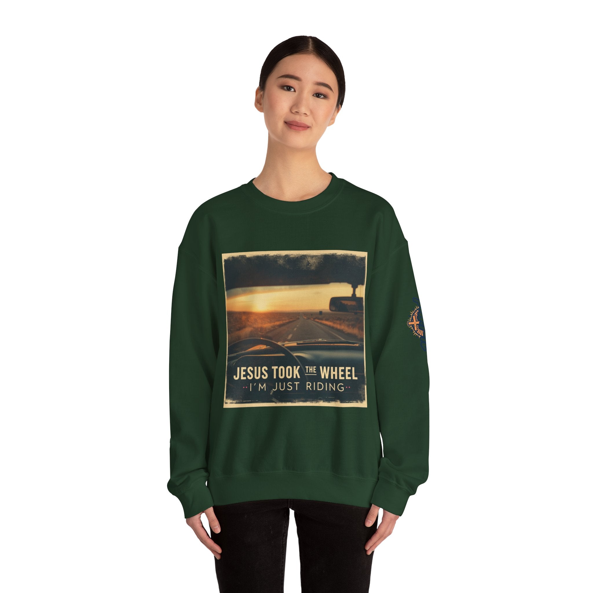 Jesus Took the Wheel I'm Just Riding Sweatshirt – Funny Christian Convertible Car Sweatshirt for Surrendered Faith & Humor