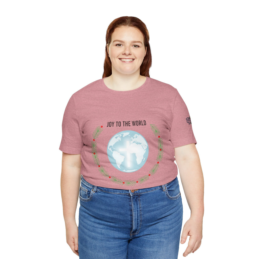 Joy to the World T-shirt – Wreath Earth Nativity Christian Christmas T-shirt for Isaiah 9:6 Holiday Faith & Festive Joy Printify