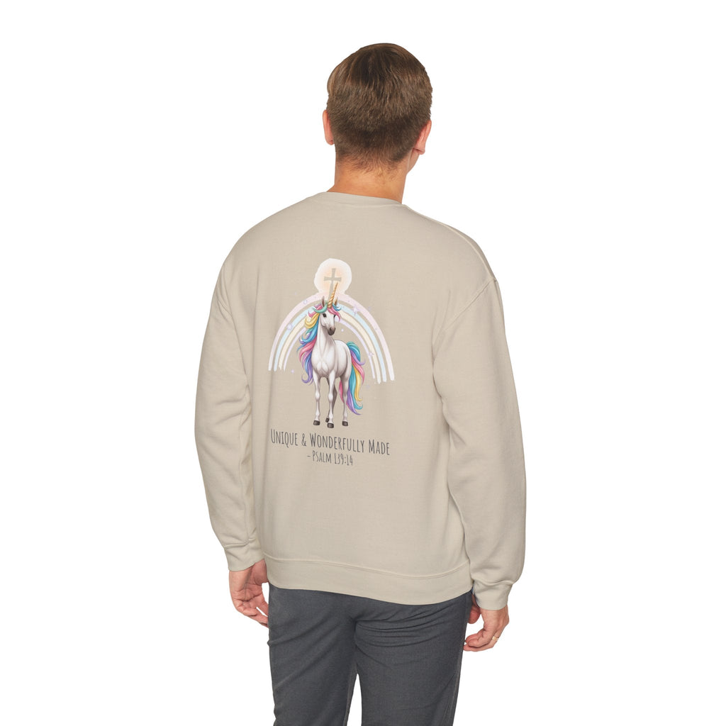 Unique Unicorn Sweatshirt – Rainbow Cross Psalm 139:14 Christian Sweatshirt for Wonderfully Made Printify