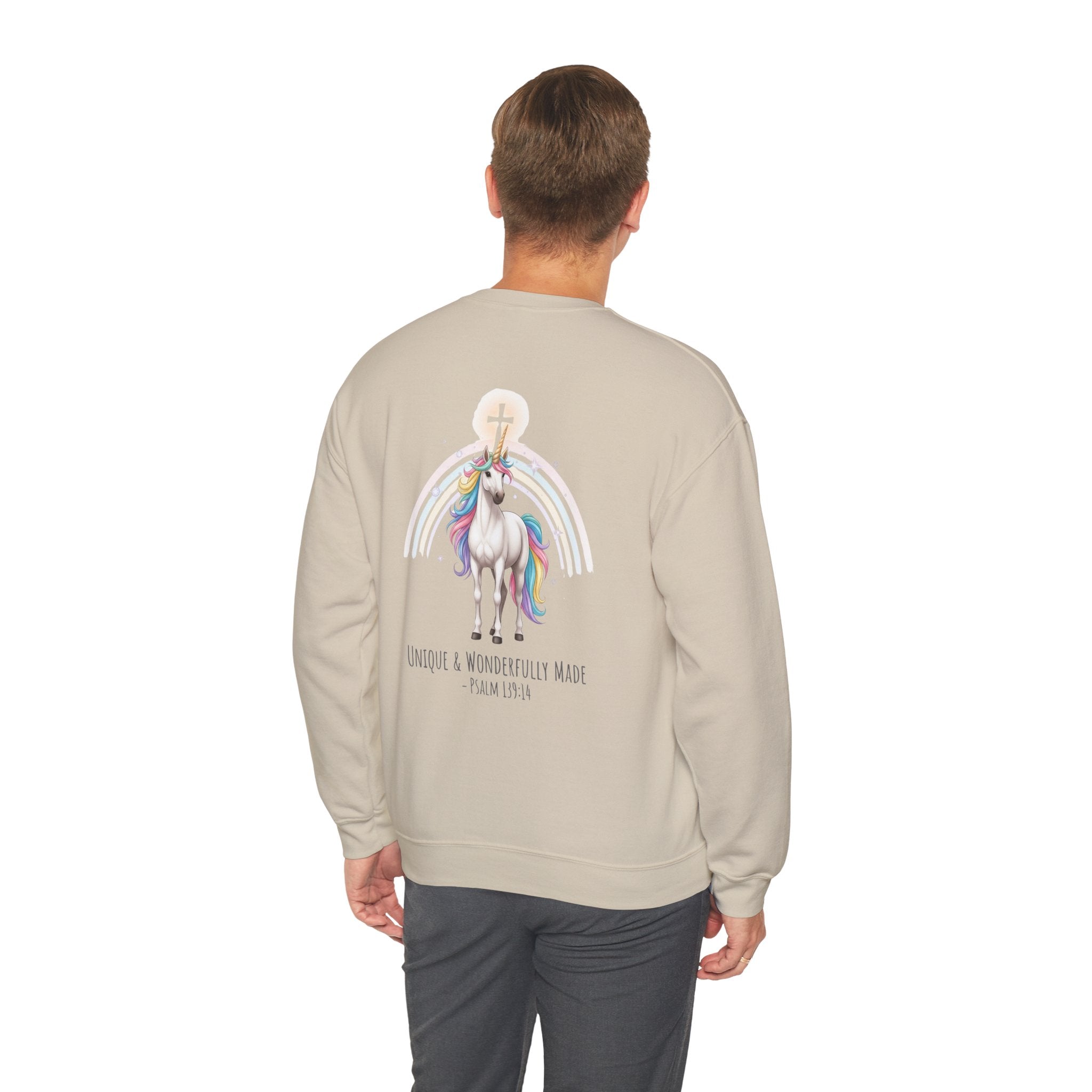 Unique Unicorn Sweatshirt – Rainbow Cross Psalm 139:14 Christian Sweatshirt for Wonderfully Made Printify