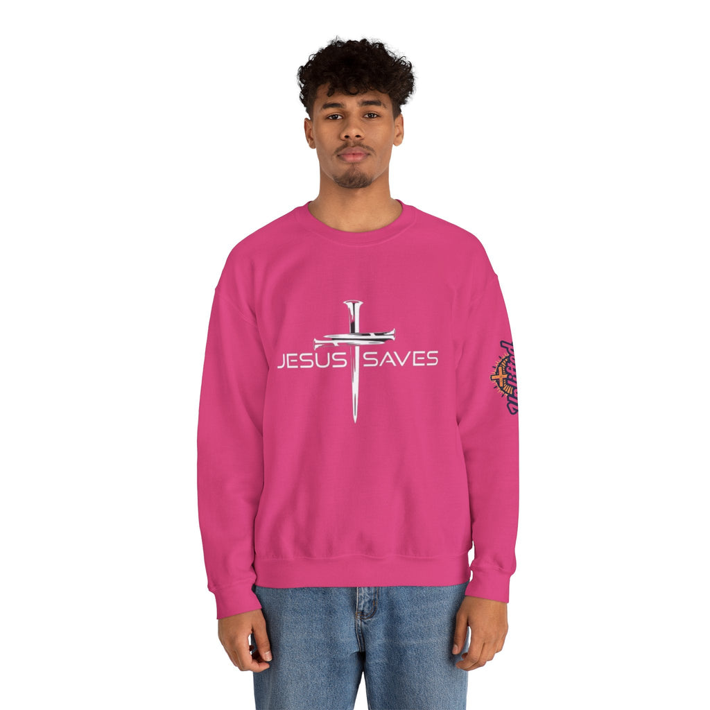 Jesus Saves Sweatshirt – 3 Nails Crucifix Cross Christian Sweatshirt for Redemption Faith & Bold Salvation Printify
