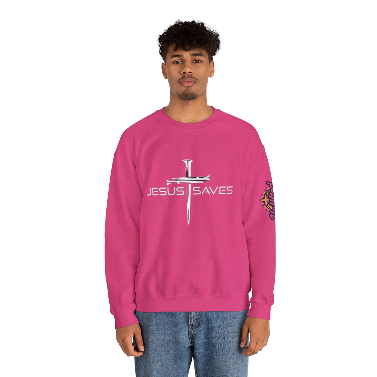 Jesus Saves Sweatshirt – 3 Nails Crucifix Cross Christian Sweatshirt for Redemption Faith & Bold Salvation Printify