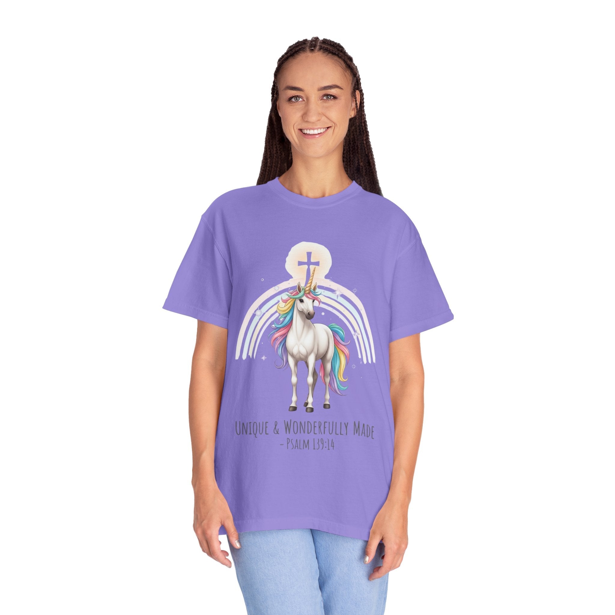 Unique Unicorn Christian T-Shirt – Wonderfully Made with Rainbow Cross & Psalm 139:14 Printify