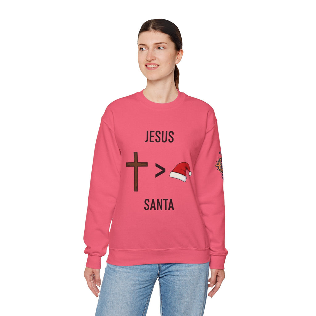 🎄 Jesus > Santa – Minimalist Christian Christmas Sweatshirt | Bold Faith Over Holiday Tee | Cross vs Santa Hat Design | Uplifted Gear Printify