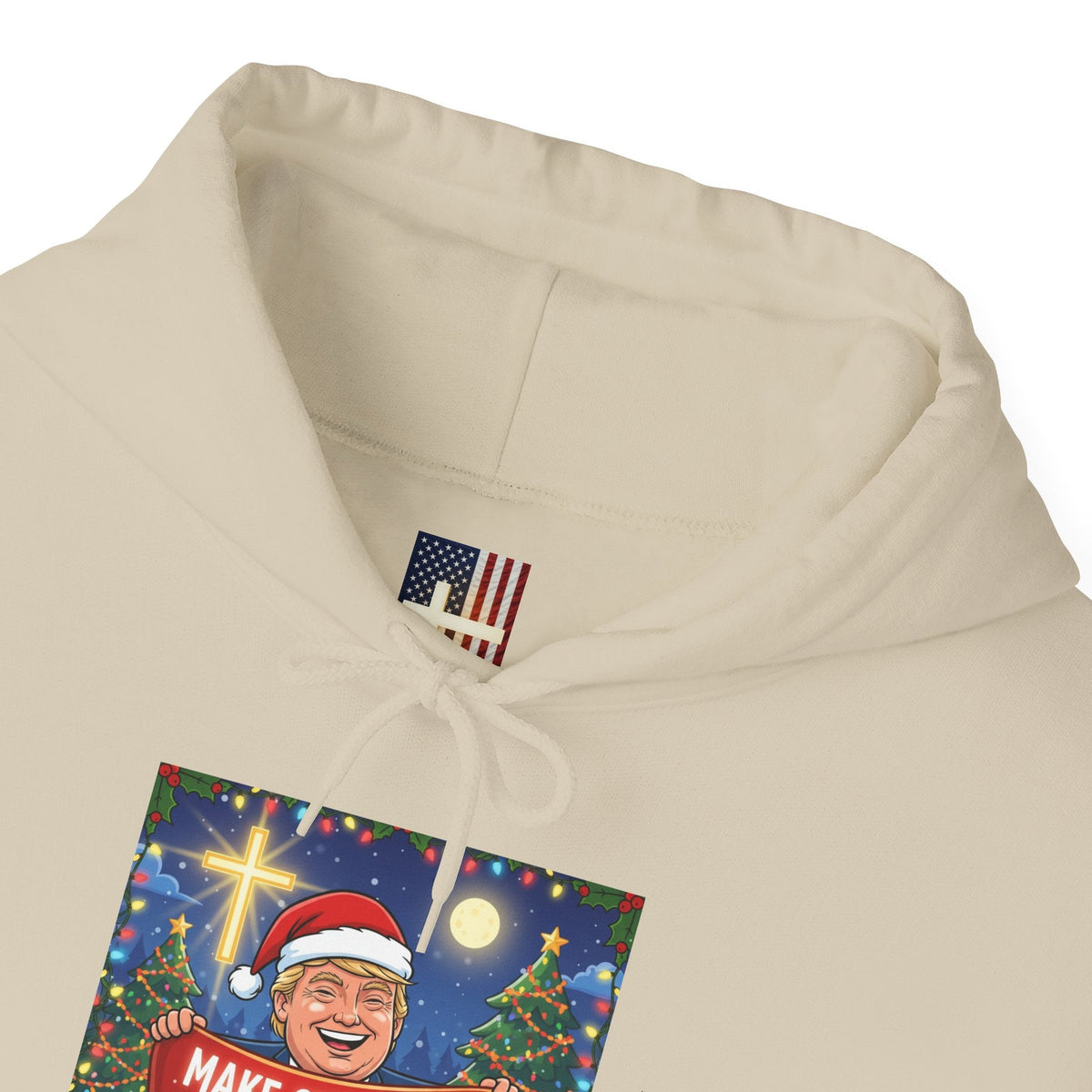 🎄 Make Christmas Great Again – Patriotic Christian Christmas Hoodie | Bold Holiday Faith Tee | Red & White Banner Design | Uplifted Gear Printify