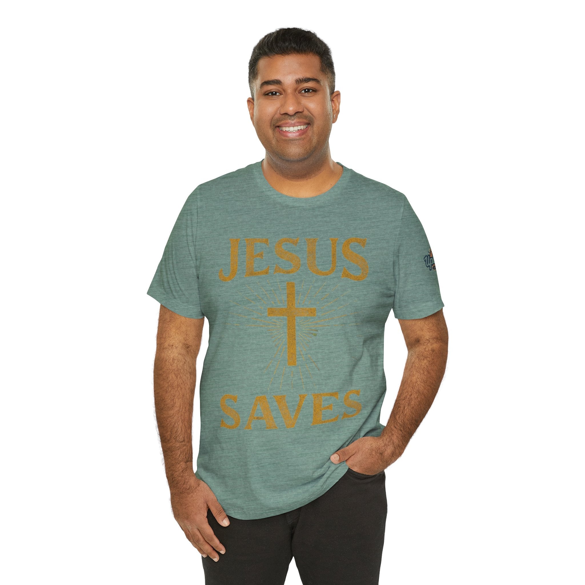 Jesus Saves T-shirt – Radiant Cross & Rays of Light Christian T-shirt for Eternal Hope & Faith Printify
