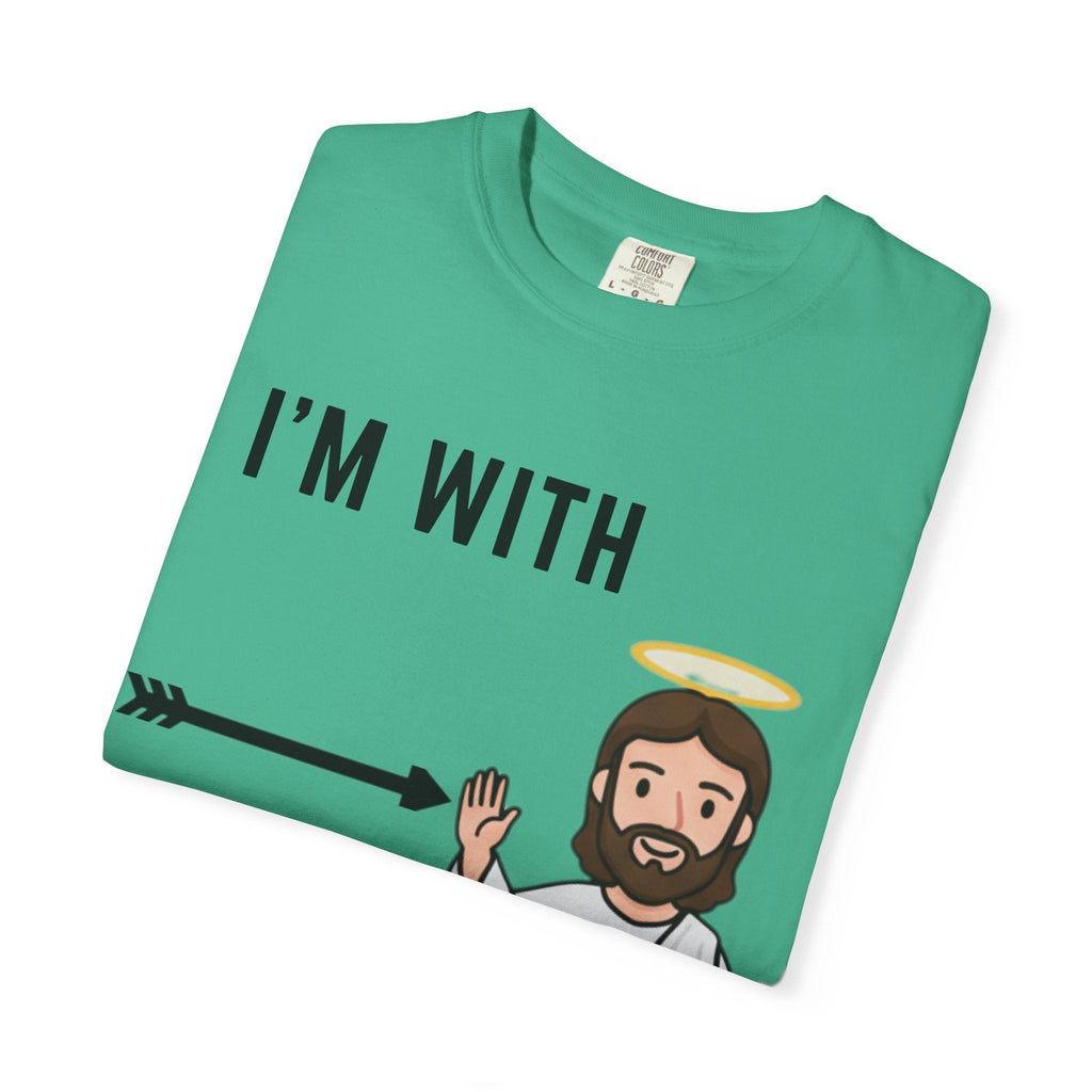 🔥 I’m With Him → Christian T-Shirt | Arrow Pointing to Jesus | Minimalist Faith Tee | Subtle Cross Design | Bible-Inspired Apparel by Uplifted Gear Printify