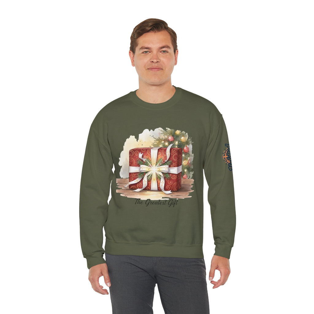 The Greatest Gift Sweatshirt – Cross Bow Present Christian Sweatshirt for Christmas Salvation & Eternal Faith Printify
