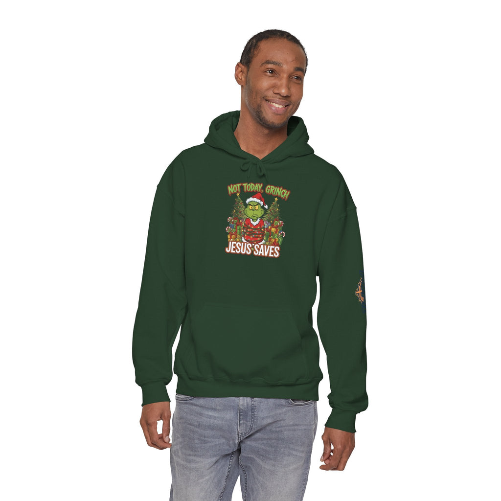 🎄 Not Today, Grinch – Jesus Saves | Funny Christian Christmas Hoodie | Sulking Grinch & Glowing Cross | Bold Neon Faith Tee by Uplifted Gear Printify