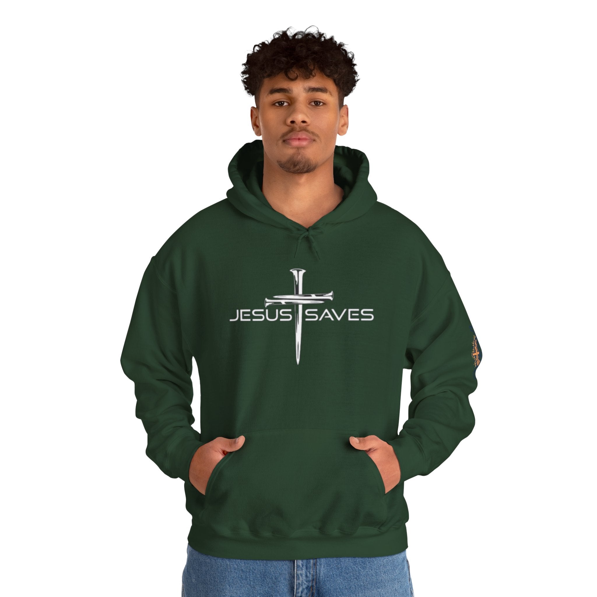 Jesus Saves Hoodie – 3 Nails Crucifix Cross Christian Sweatshirt for Redemption Faith & Bold Salvation Printify