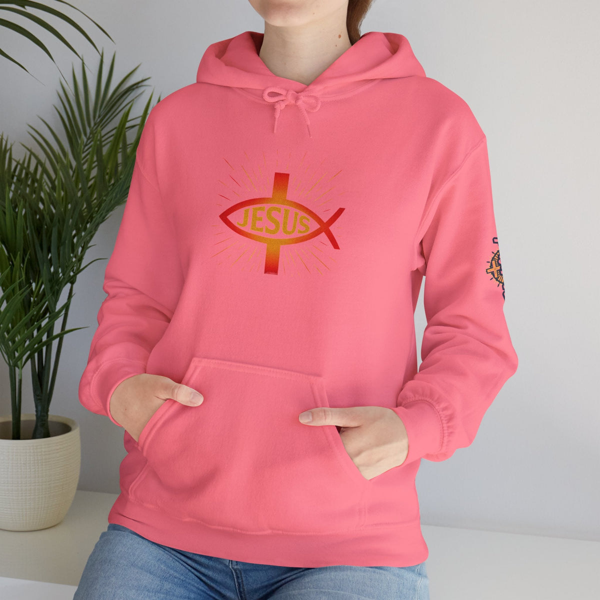 Jesus Ichthys Hoodie – Christian Fish Symbol with Cross & Jesus Inscription Sweatshirt for Eternal Faith & Streetwear Printify