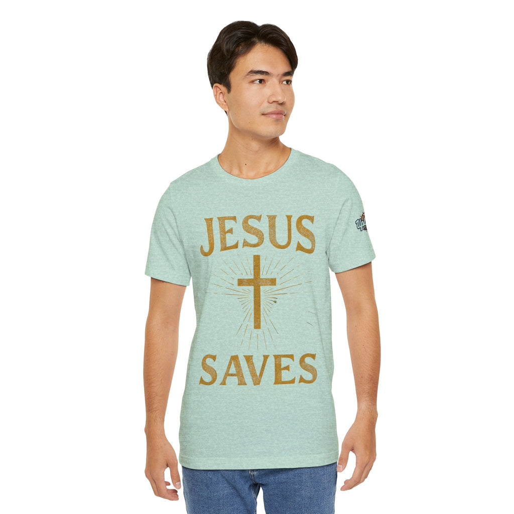 Jesus Saves T-shirt – Radiant Cross & Rays of Light Christian T-shirt for Eternal Hope & Faith Printify