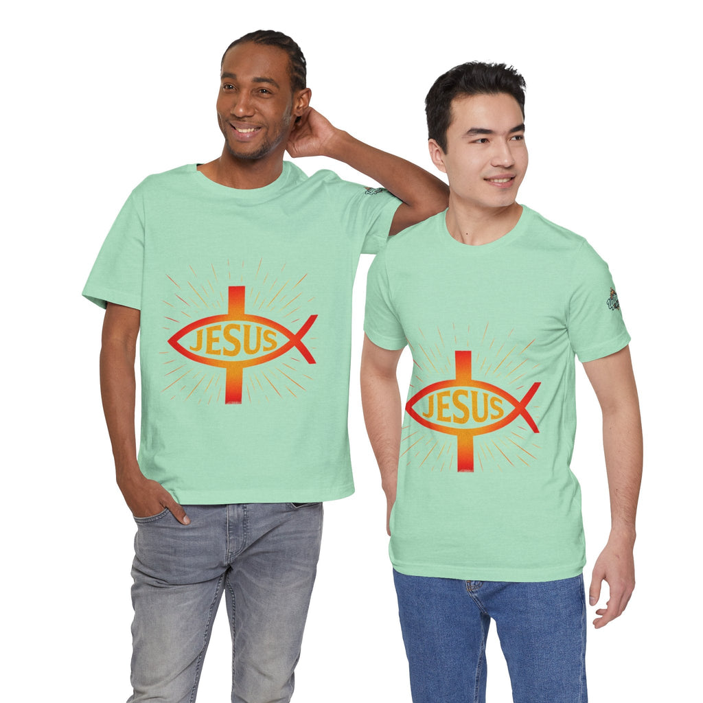 Jesus Ichthys T-shirt – Christian Fish Symbol with Cross & Jesus Inscription T-shirt for Eternal Faith & Streetwear Printify
