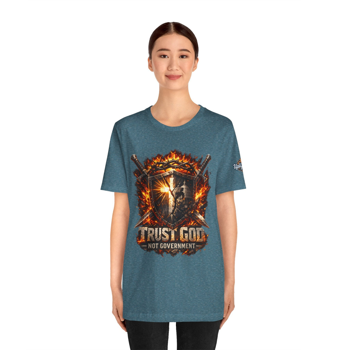 Trust God Not Government Shield Tee — Patriotic Christian Faith T-Shirt Printify