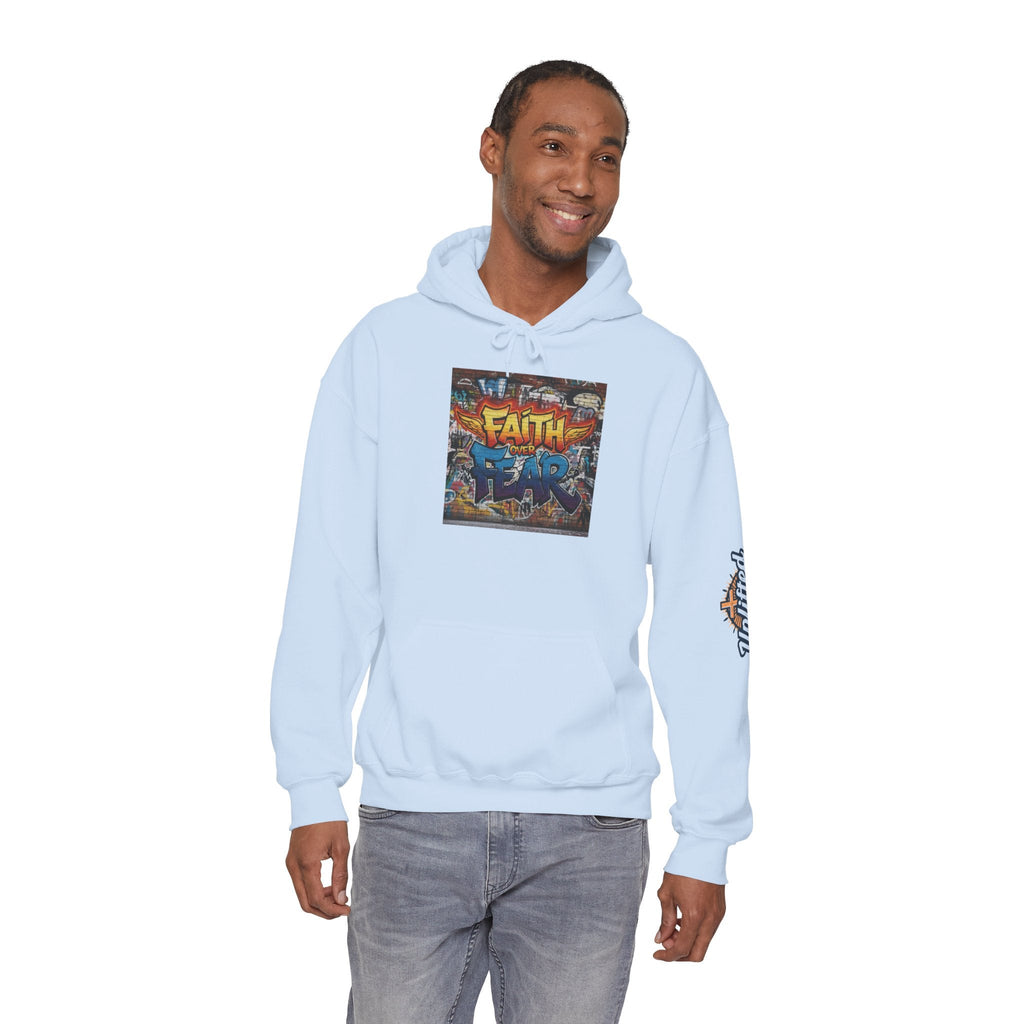 Faith Over Fear Hoodie – Graffiti Wall Christian Sweatshirt for Bold 2 Corinthians 5:7 Streetwear & Unshakable Faith Printify