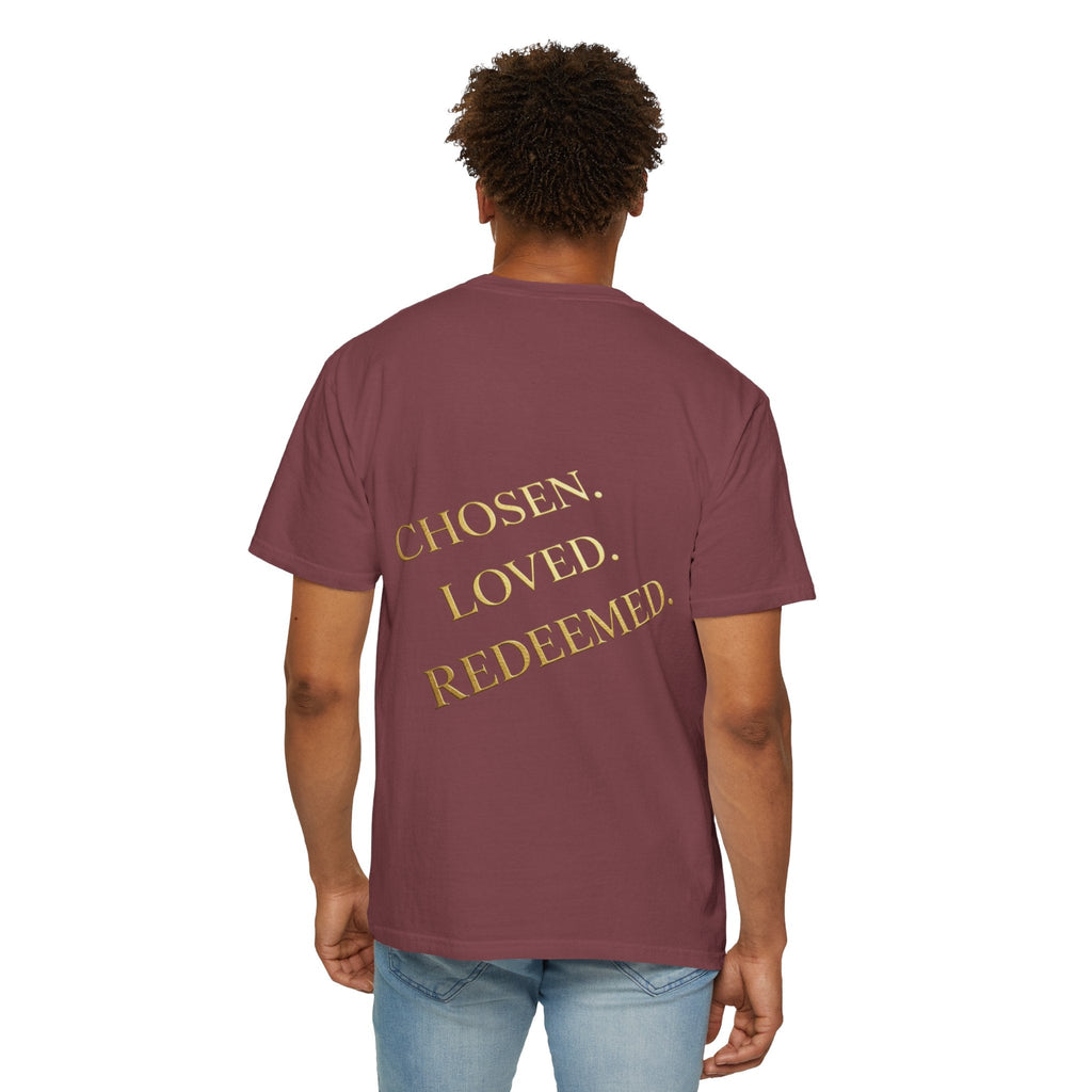 ✨ Chosen. Loved. Redeemed. – Elegant Christian T-Shirt | Gold Foil Faith Tee | Subtle Cross & Heart Design | Inspirational Bible Verse Apparel by Uplifted Gear Printify