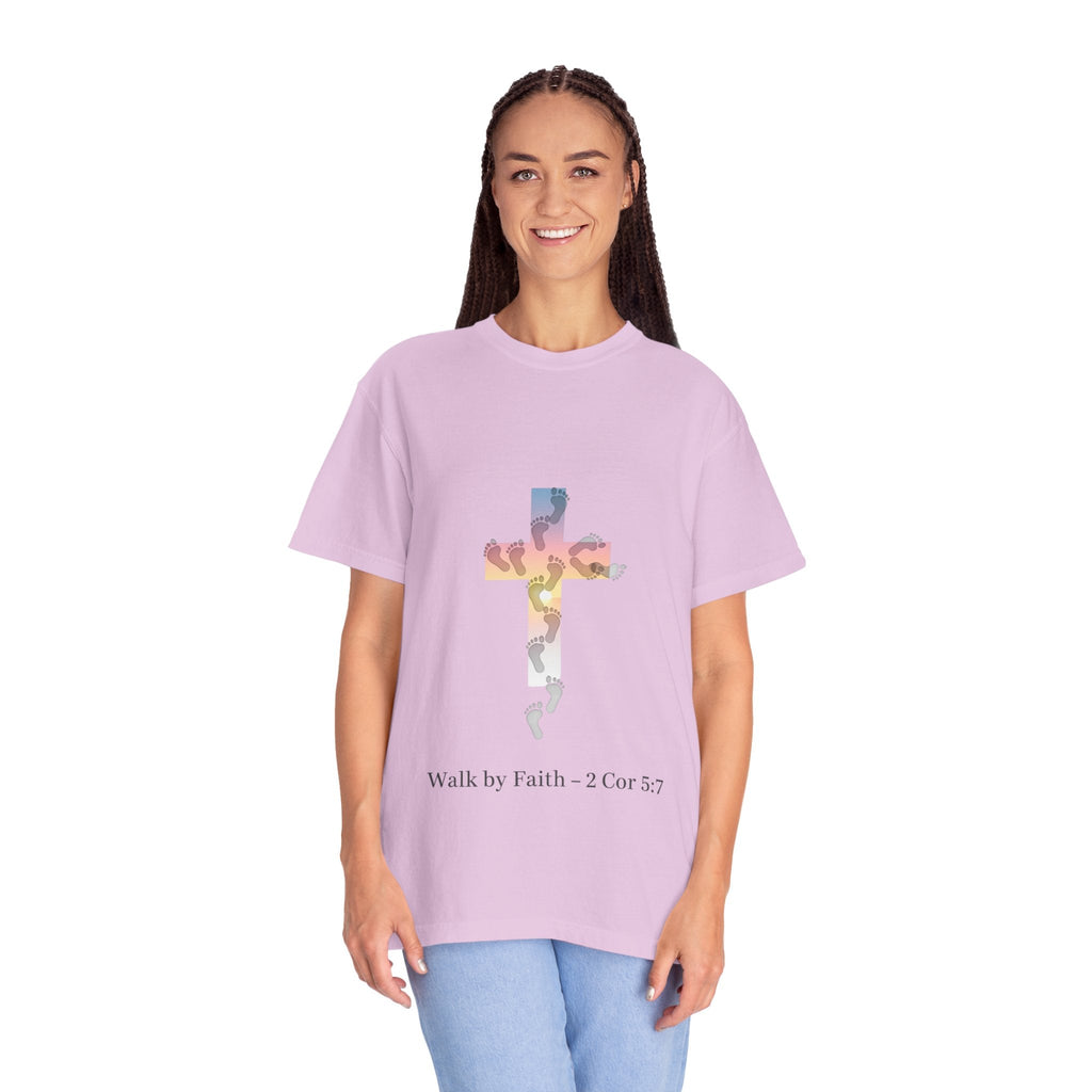 Walk by Faith T-Shirt – Cross & Footprints Christian Tee for Bold Believers Printify