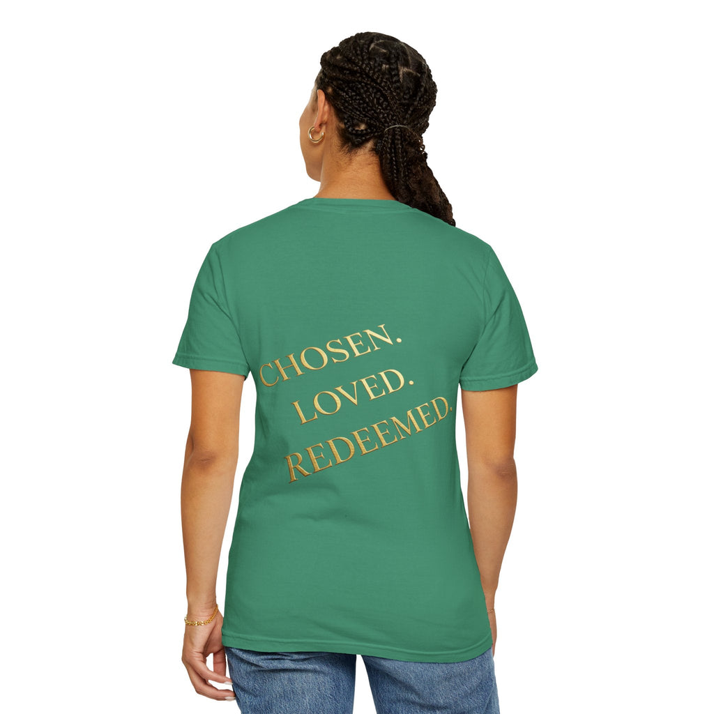 ✨ Chosen. Loved. Redeemed. – Elegant Christian T-Shirt | Gold Foil Faith Tee | Subtle Cross & Heart Design | Inspirational Bible Verse Apparel by Uplifted Gear Printify