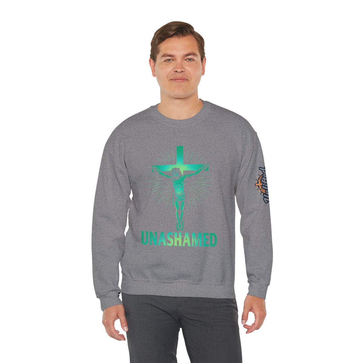 Unashamed Sweatshirt – Romans 1:16 Crucifixion Christian Sweatshirt for Bold Unwavering Faith Printify