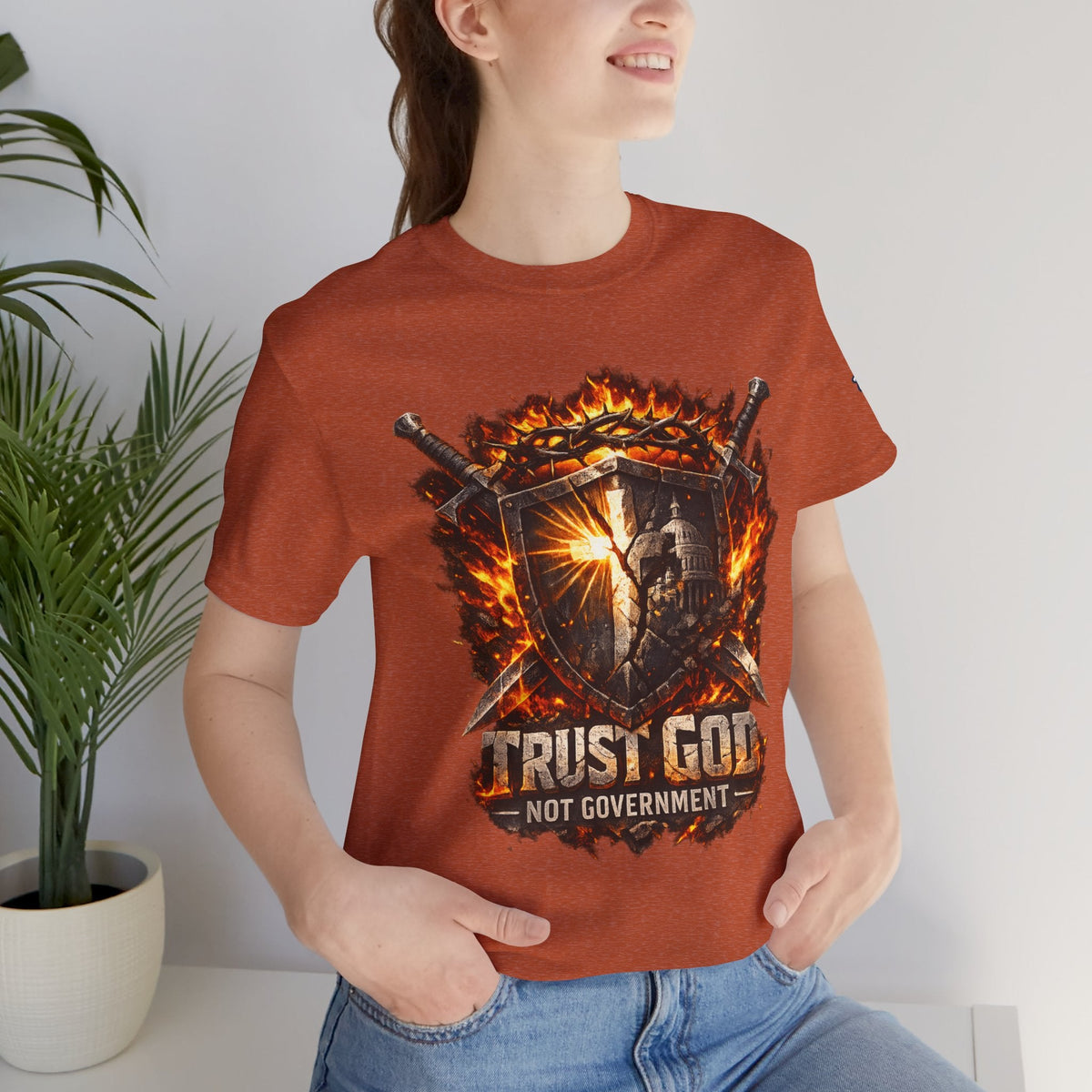 Trust God Not Government Shield Tee — Patriotic Christian Faith T-Shirt Printify