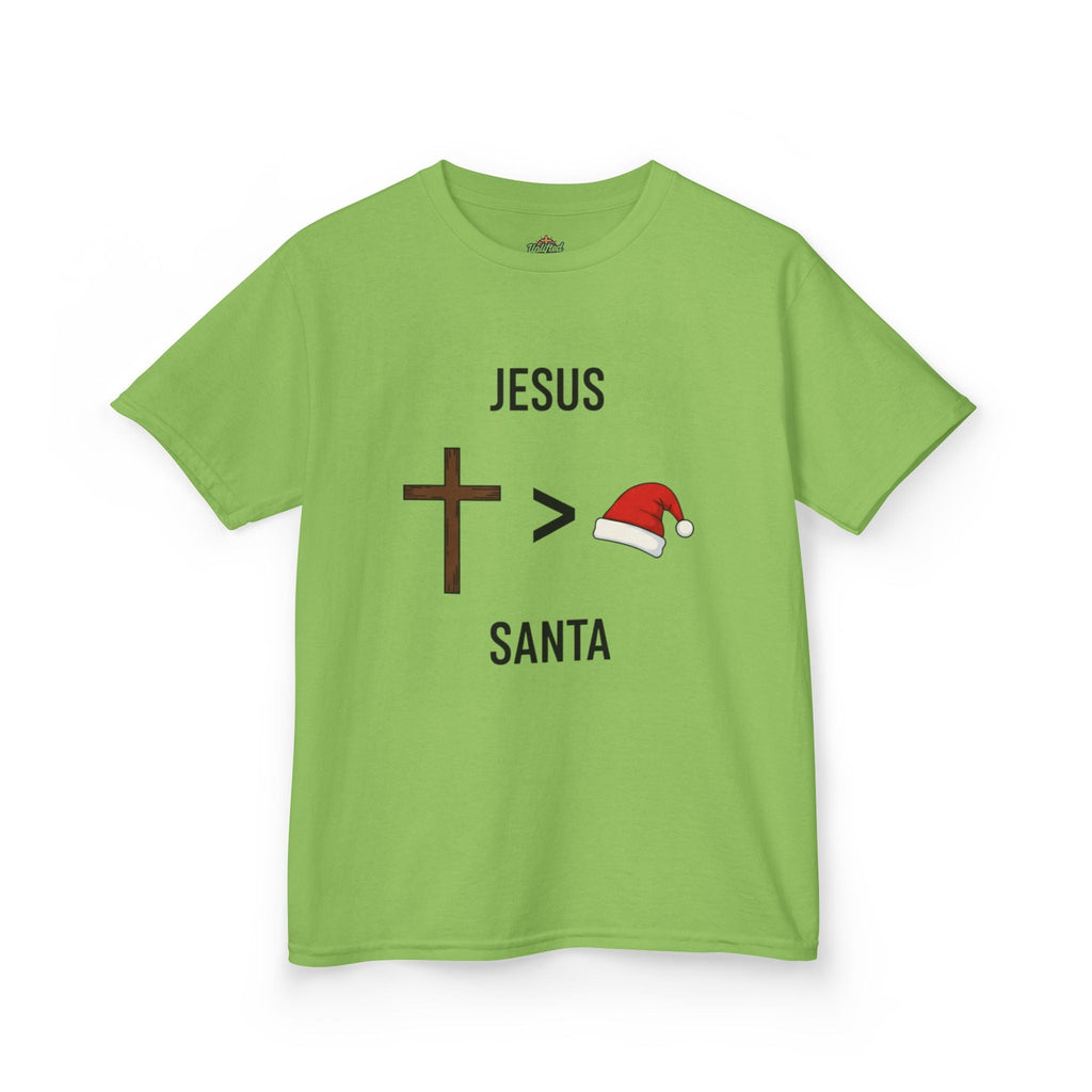 🎄 Jesus > Santa – Minimalist Christian Christmas Kids T-Shirt | Bold Faith Over Holiday Tee | Cross vs Santa Hat Design | Uplifted Gear Printify
