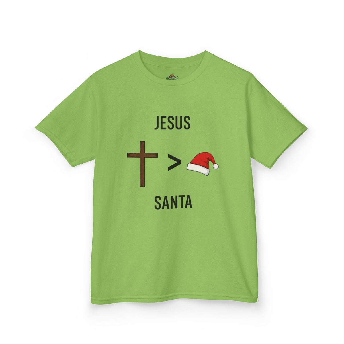 🎄 Jesus > Santa – Minimalist Christian Christmas Kids T-Shirt | Bold Faith Over Holiday Tee | Cross vs Santa Hat Design | Uplifted Gear Printify
