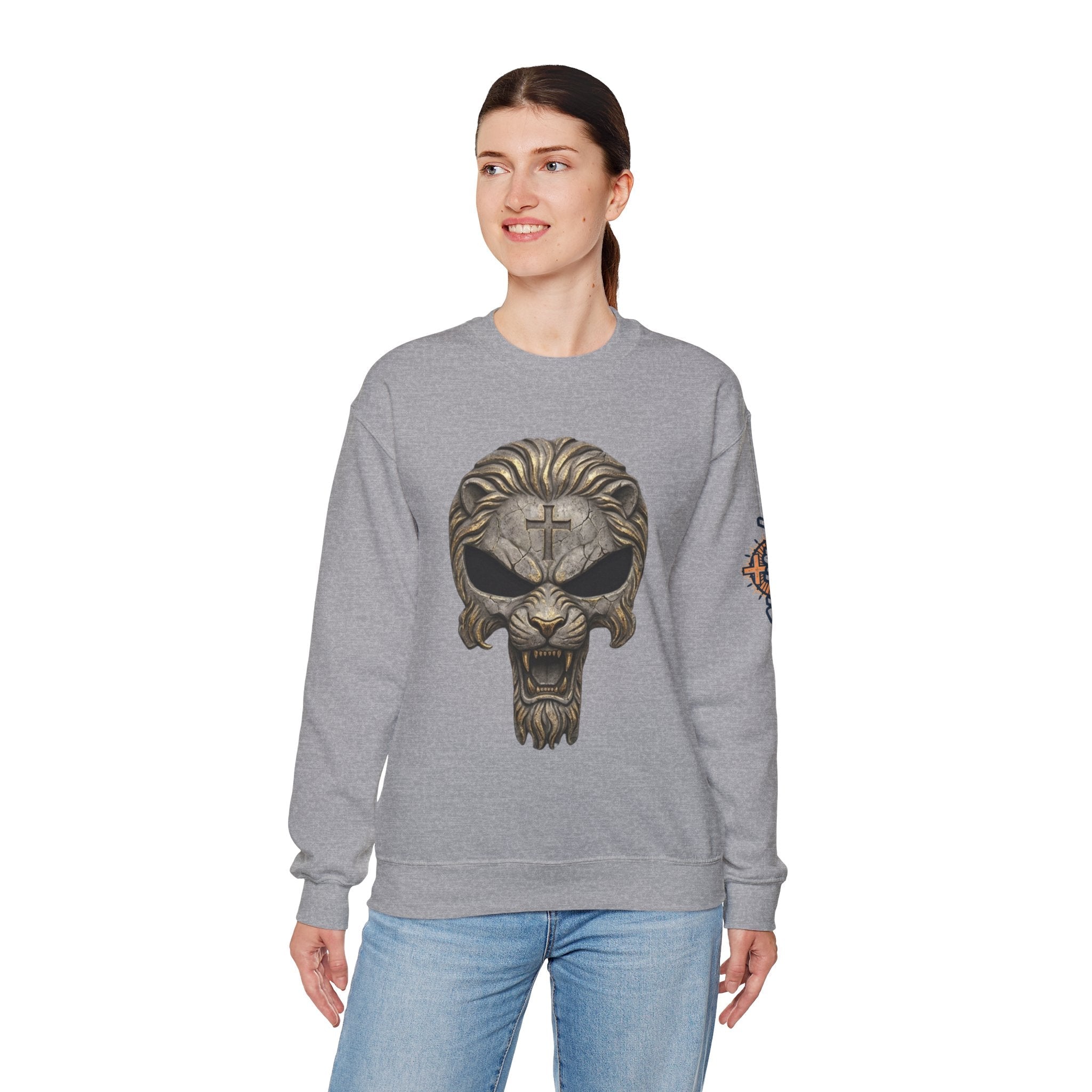 Lion of Judah Skull Christian Sweatshirt - Warrior Faith Cross Sweatshirt Printify