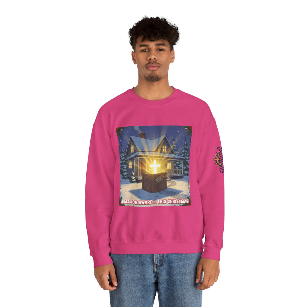 A Major Award This Christmas Sweatshirt – Fragile Leg Lamp Parody Cross Unboxing Christian Sweatshirt for Hilarious Faith & Holiday Glow Printify