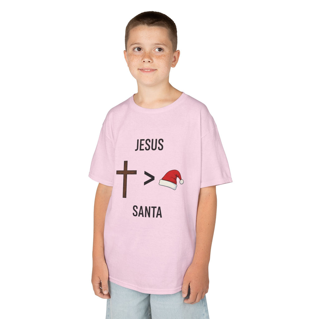 🎄 Jesus > Santa – Minimalist Christian Christmas Kids T-Shirt | Bold Faith Over Holiday Tee | Cross vs Santa Hat Design | Uplifted Gear Printify