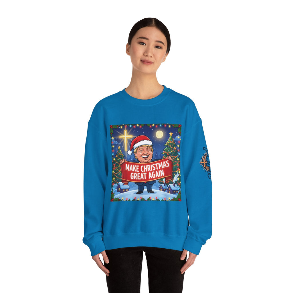 🎄 Make Christmas Great Again – Patriotic Christian Christmas Sweatshirt | Bold Holiday Faith Tee | Red & White Banner Design | Uplifted Gear Printify