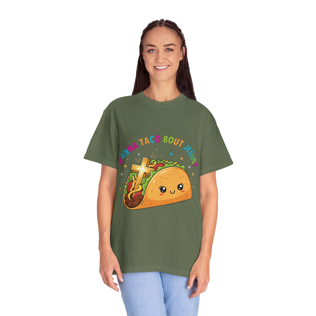 Wanna Taco 'Bout Jesus? Funny Christian Pun T-Shirt – Lettuce Pray & Share Faith! Printify