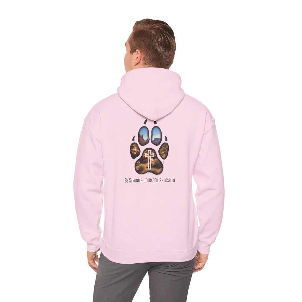 Strong and Courageous Hoodie – Joshua 1:9 Canine Pawprint Desert Christian Hoodie for Dog Lovers Printify