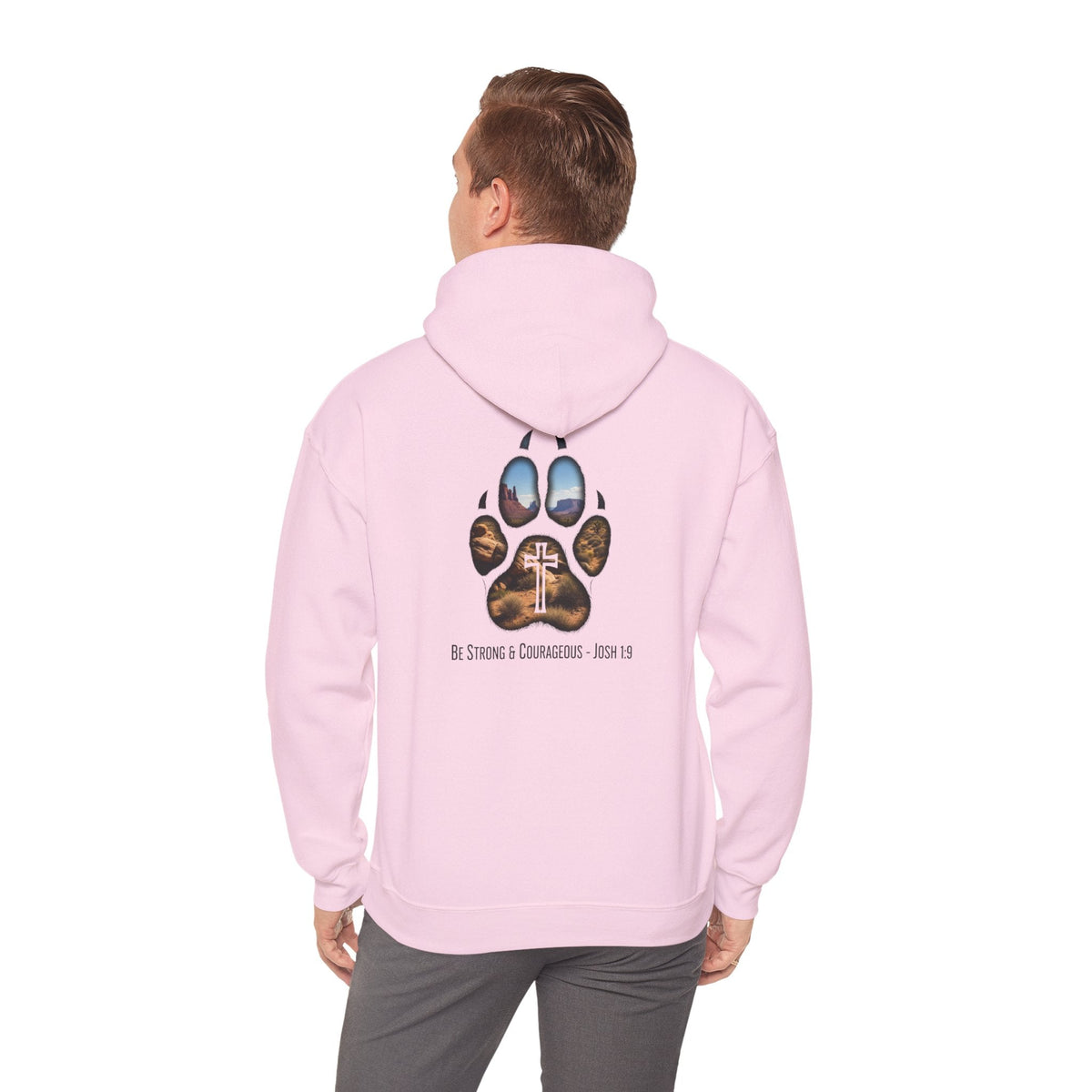 Strong and Courageous Hoodie – Joshua 1:9 Canine Pawprint Desert Christian Hoodie for Dog Lovers Printify