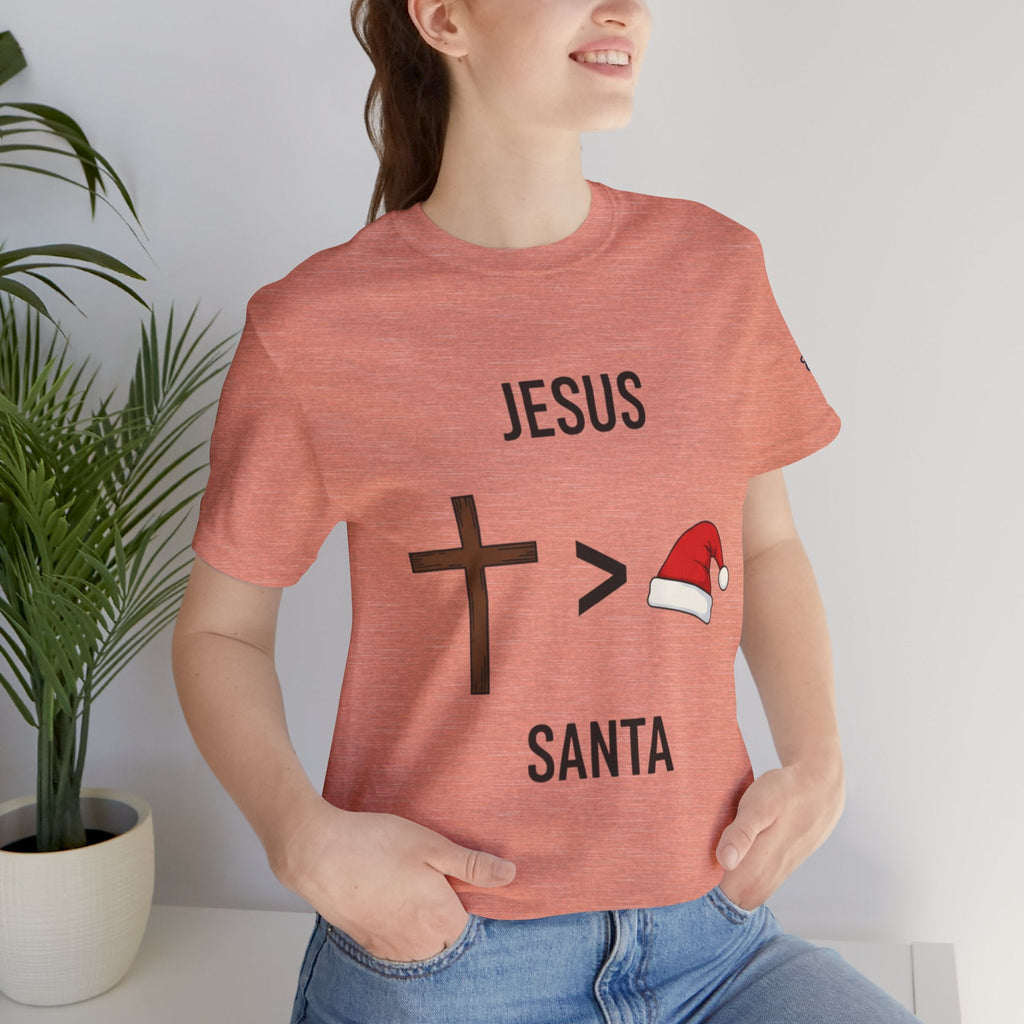 🎄 Jesus > Santa – Minimalist Christian Christmas T-Shirt | Bold Faith Over Holiday Tee | Cross vs Santa Hat Design | Uplifted Gear Printify