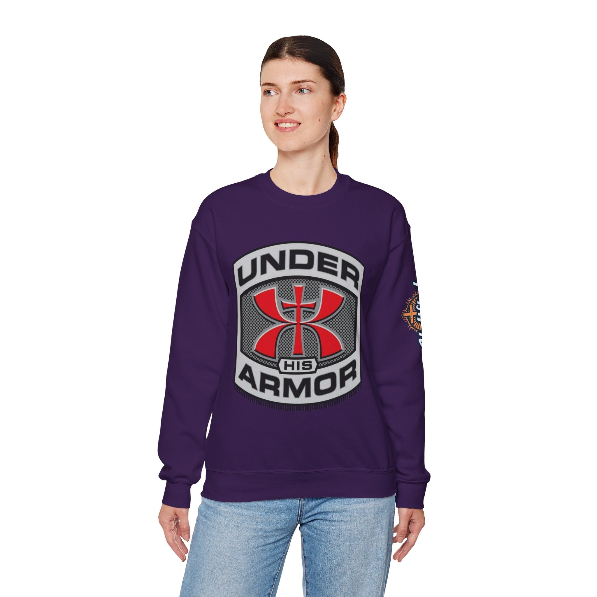 Under His Armor Crewneck Sweatshirt — Christian Faith Graphic Pullover Printify