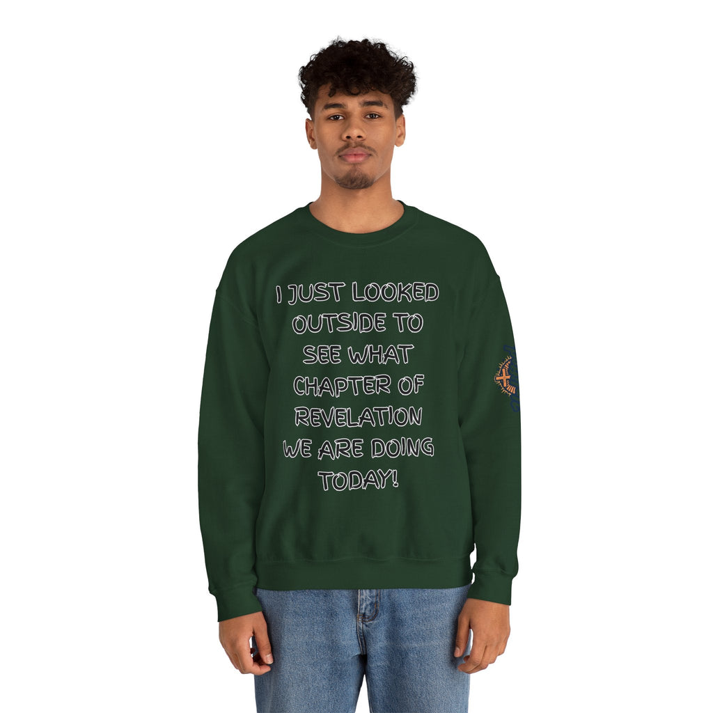 What Chapter of Revelation Sweatshirt – I Looked Outside My Window Christian Sweatshirt for End Times Humor & Faith Printify