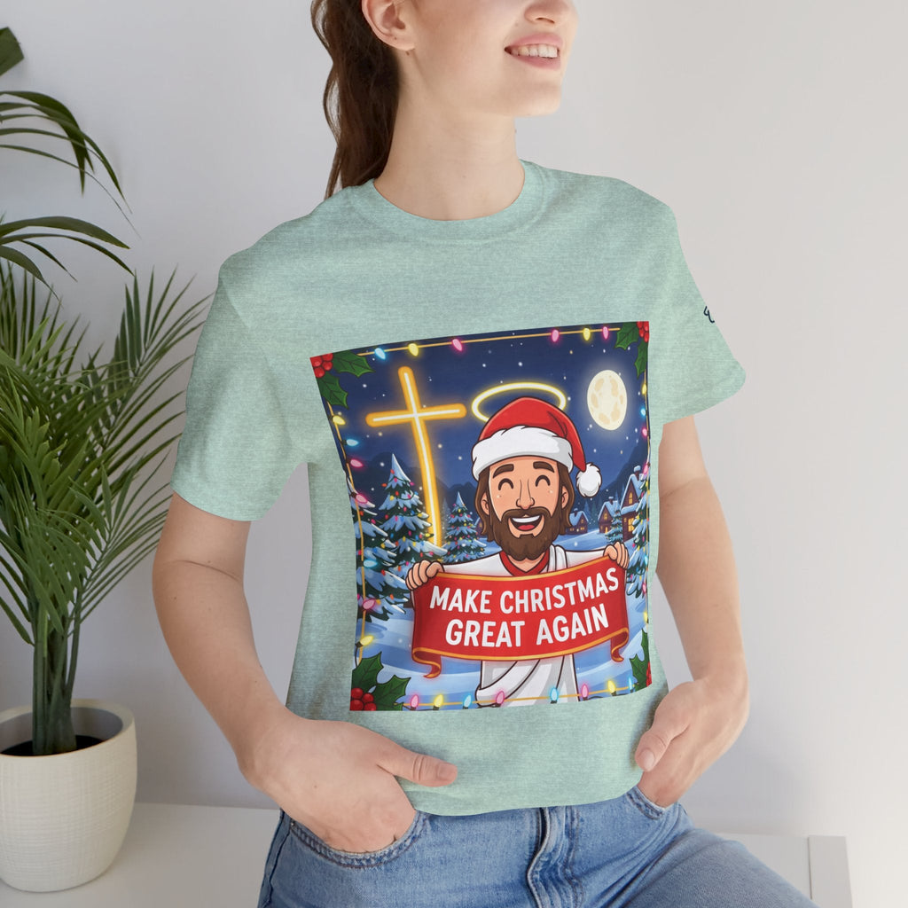 🎄 Make Christmas Great Again – Funny Christian T-Shirt | Jesus Holding Banner | Faith-Based Holiday Parody Tee | Uplifted Gear Printify