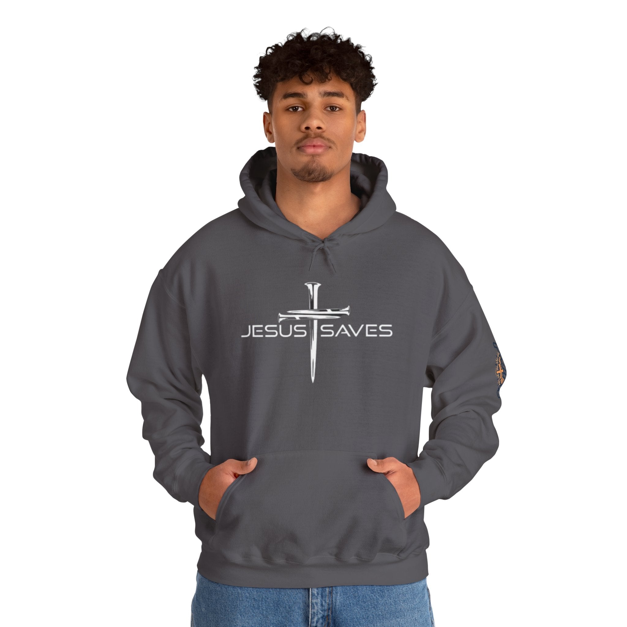 Jesus Saves Hoodie – 3 Nails Crucifix Cross Christian Sweatshirt for Redemption Faith & Bold Salvation Printify