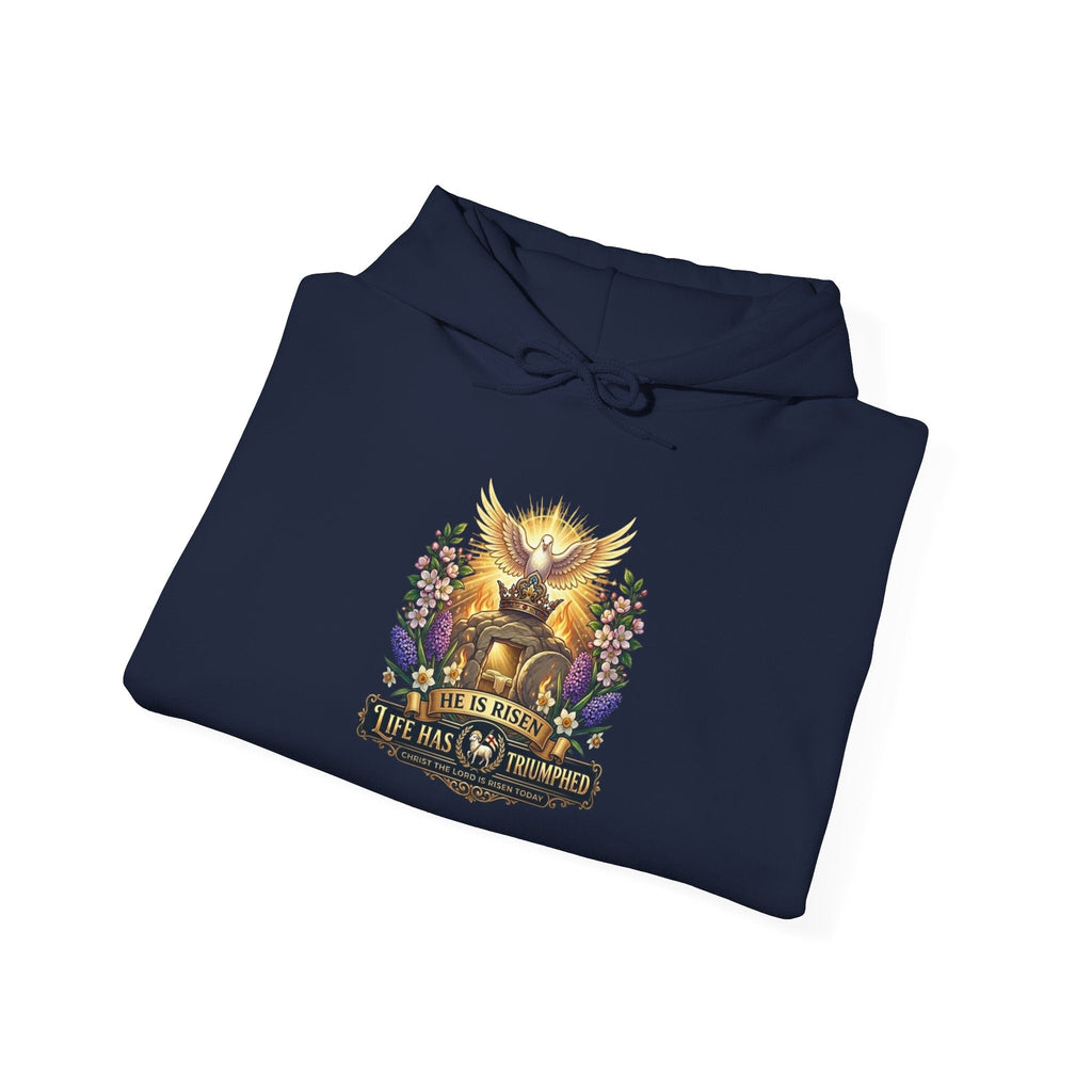 He Is Risen "Life Has Triumphed" Hoodie — Easter Resurrection Christian Hoodie Printify