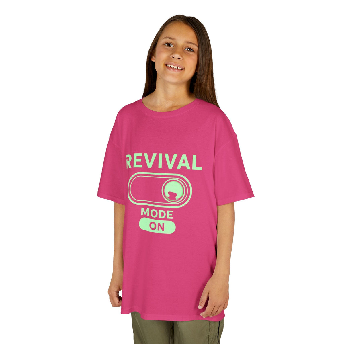 🔥 Revival Mode: ON – Christian Techwear Kids T-Shirt | Glowing Green Faith Switch | Futuristic Jesus Shirt | Activate Your Spiritual Awakening | Uplifted Gear Printify