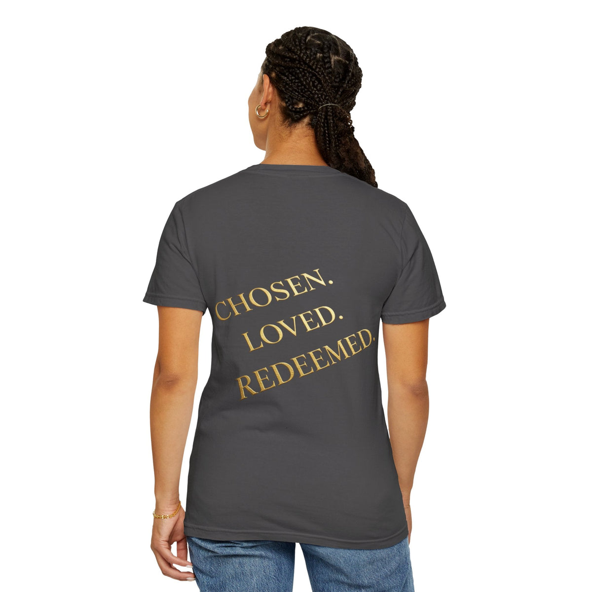 ✨ Chosen. Loved. Redeemed. – Elegant Christian T-Shirt | Gold Foil Faith Tee | Subtle Cross & Heart Design | Inspirational Bible Verse Apparel by Uplifted Gear Printify